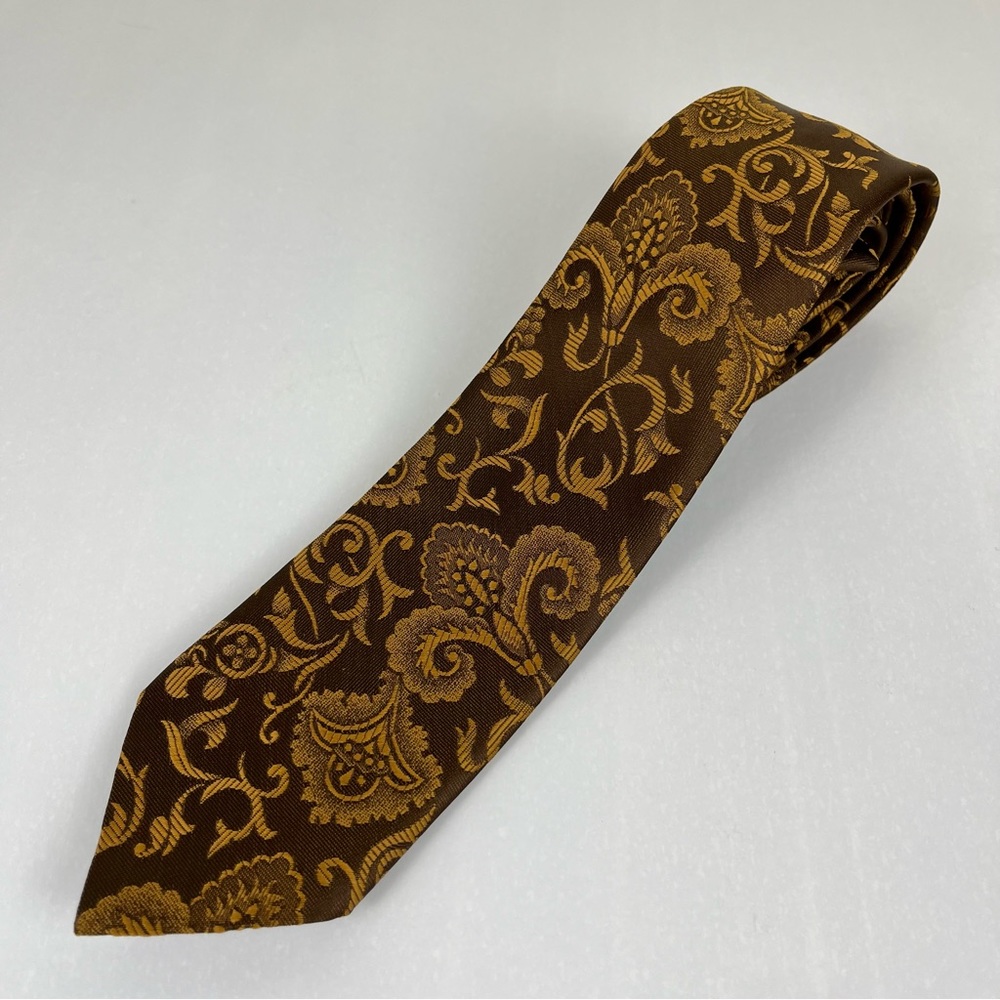 Vintage Boss Brown Gold Paisley Floral Necktie 100% Trevira Wide Retro Tie